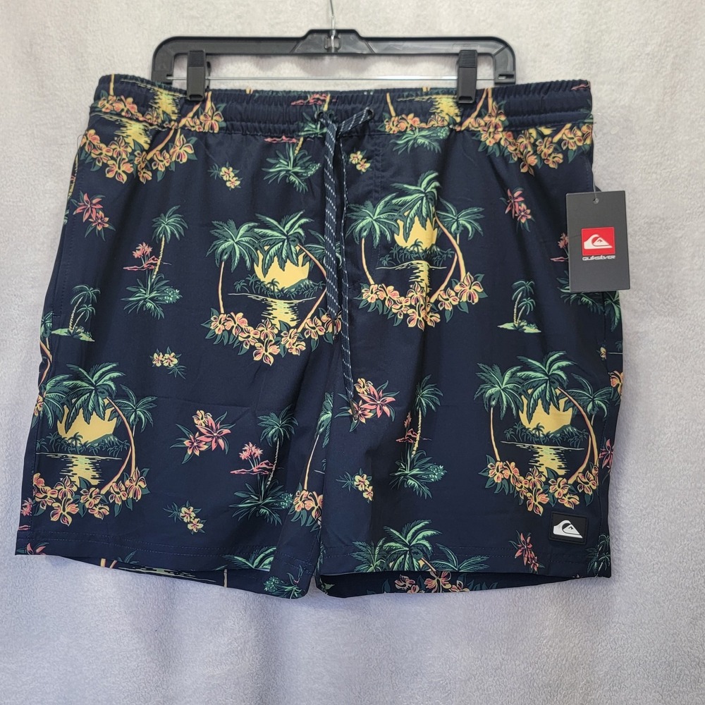 NEW! Quiksilver Men's XL Eclipse Volley Swim Shorts Black Floral Sunset Print